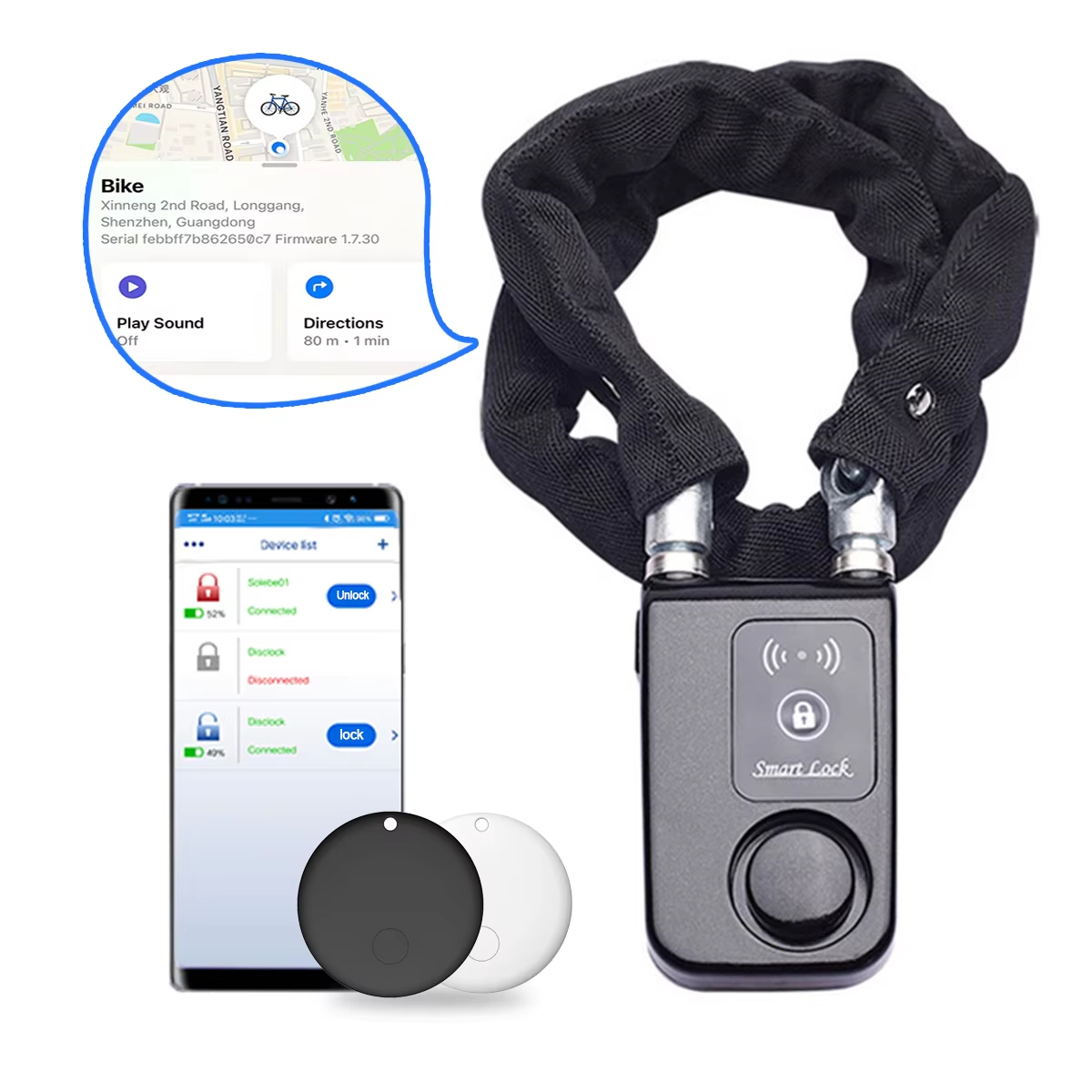 Chain Lock Combination - 110dBアラーム付きバイクチェーンロック、AirTagスロット搭載、IP55防水、盗難防止スチール製セキュリティロック（自転車、バイク、スクーター用）